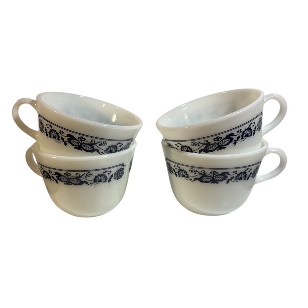 Corelle White Cups with Navy Floral Band - Set of 4